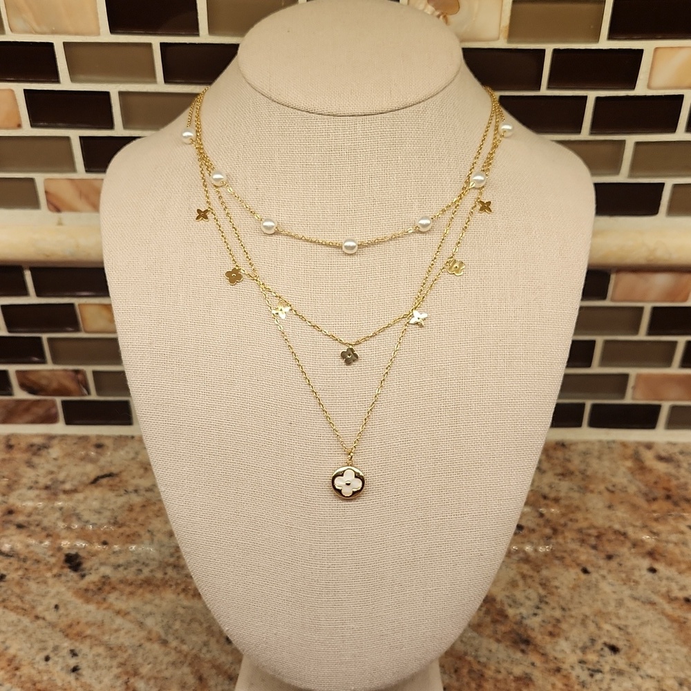 18K Gold Plated Layered Clover & Faux Pearl Station Necklace - Picture 4 of 10